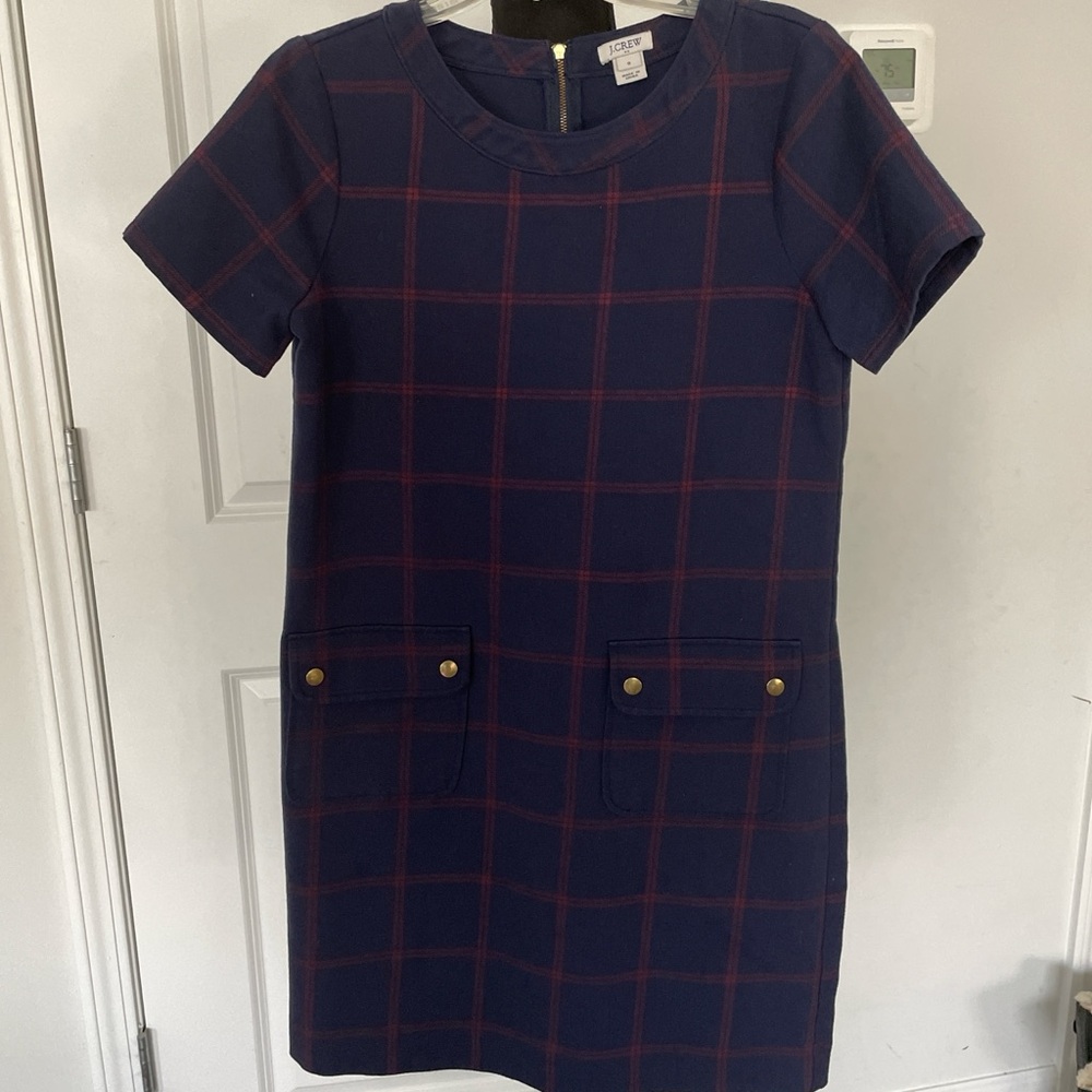 J. Crew Grid Pattern Shift Dress Size 0 Navy Maroon WindowPane Plaid Preppy